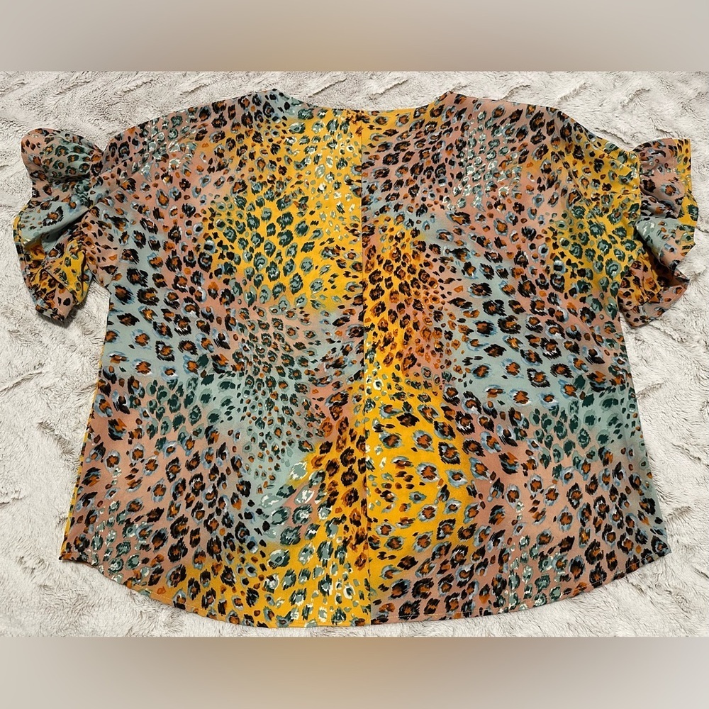 ADORA Multicolor Leopard Print Short Sleeve Ruffle Sleeve Blouse - Picture 7 of 11